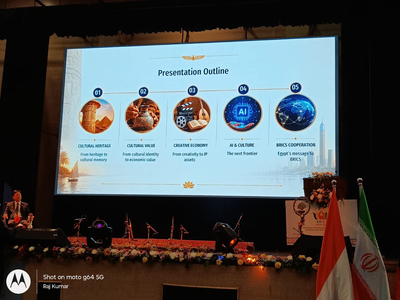 Presentation outline covering cultural heritage, cultural value, creative economy, AI and culture, and BRICS cooperation