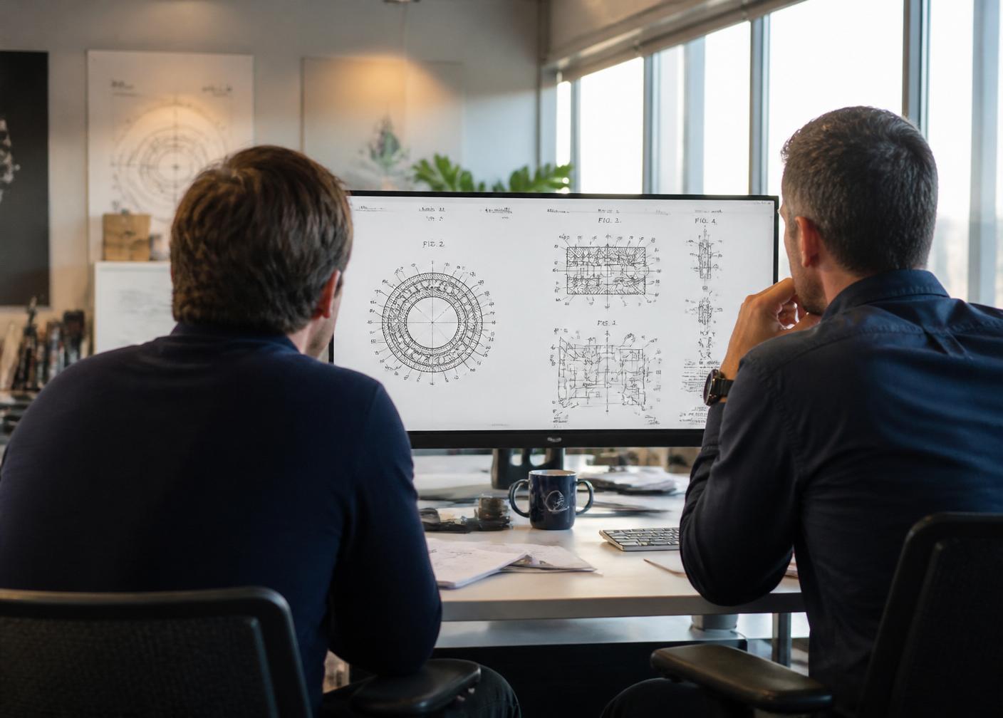 IP professionals studying technical drawings together